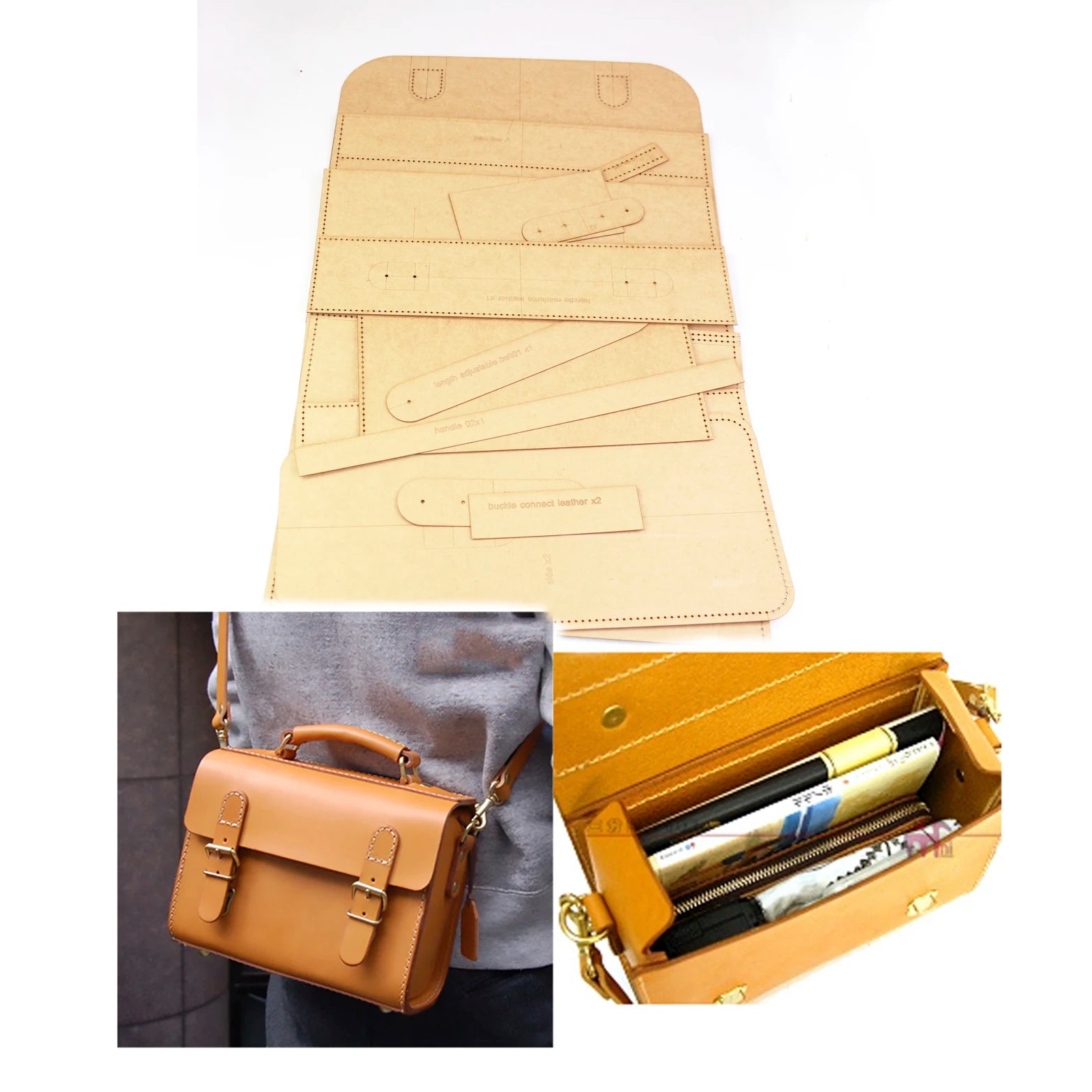 Diy Leather Craft Men Shoulder Briefcase Big Handbag Kraft Paper Template Pattern Stencil 30x25x14cm